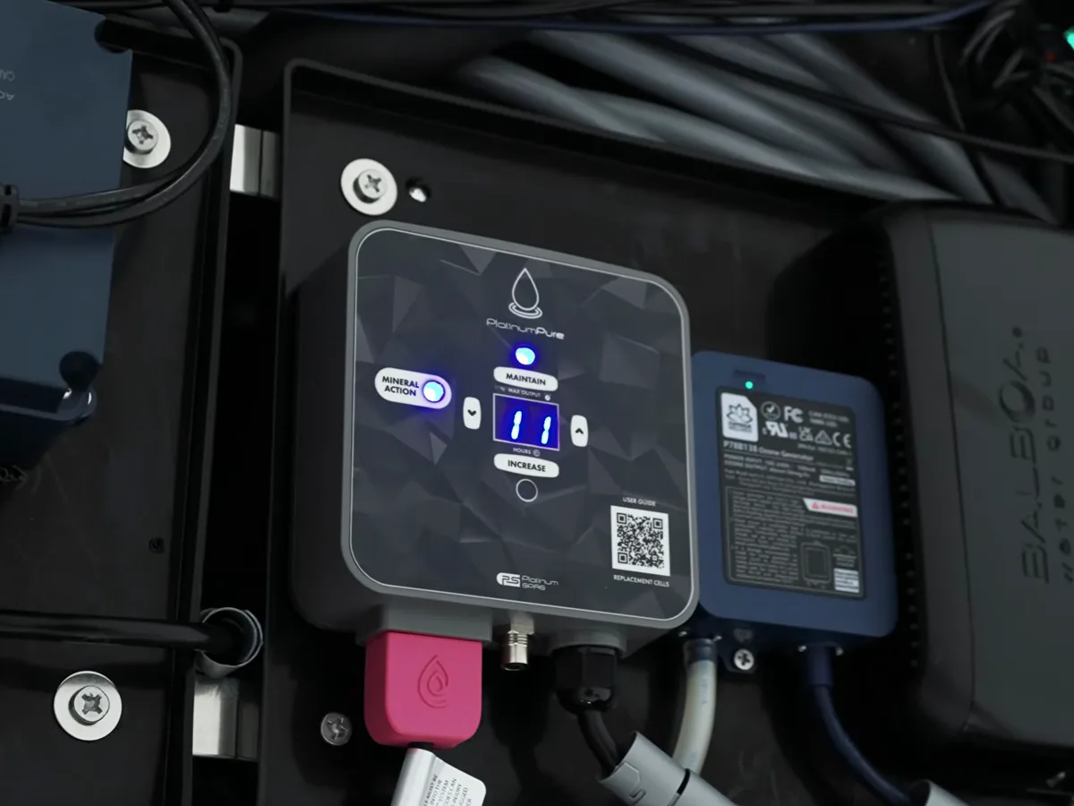 The Balboa control box and heater inside a hot tub's equipment bay