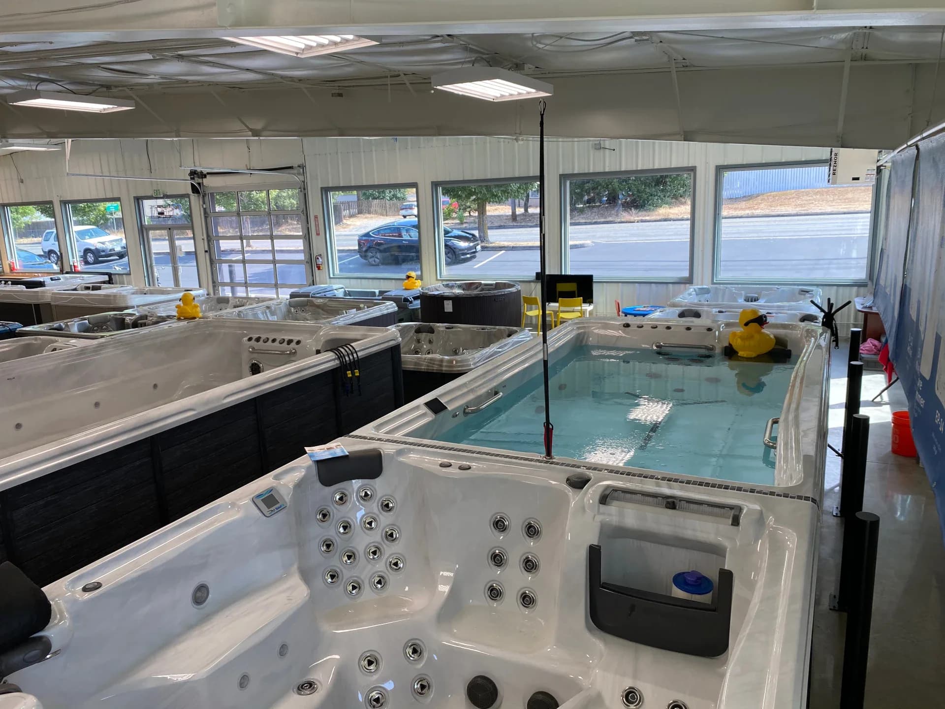 Inside the Black Pine showroom in Tacoma: rows of hot tub and swim spa floor models side by side